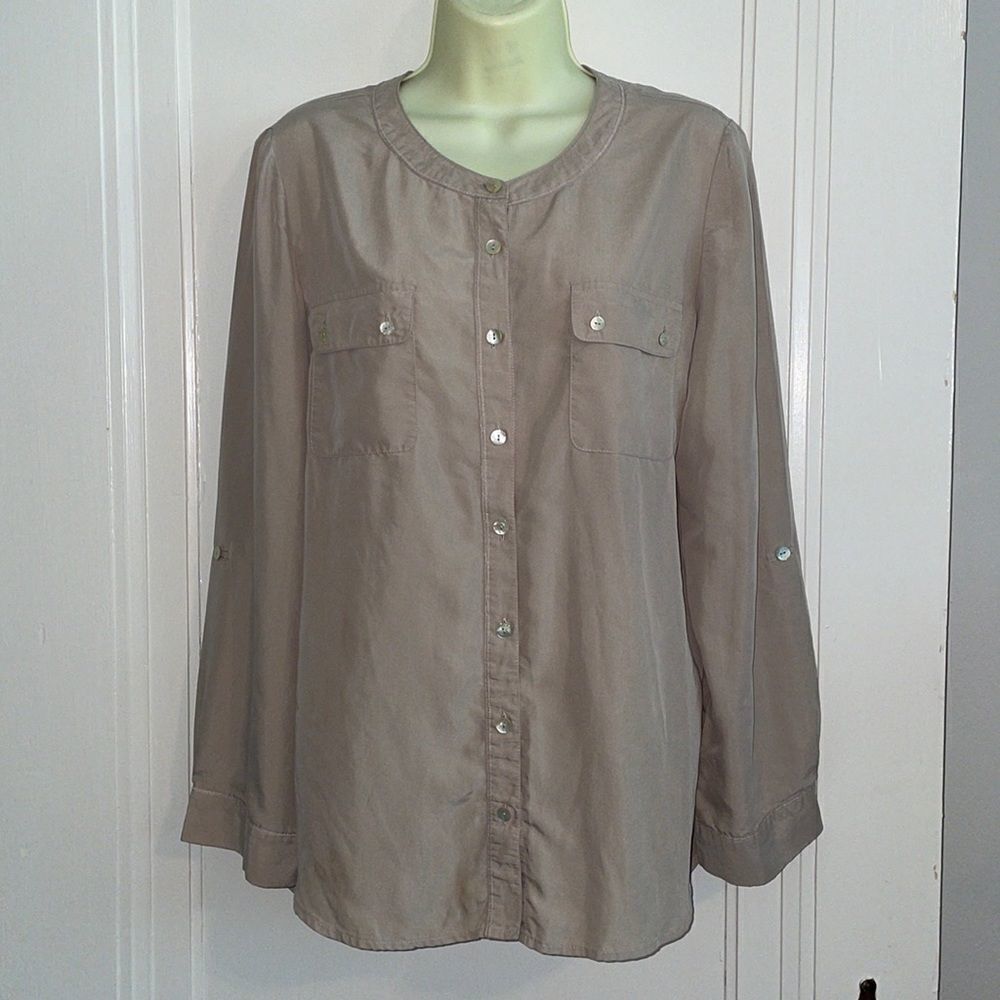 Chico’s light tan modal/polyester collarless button front shirt